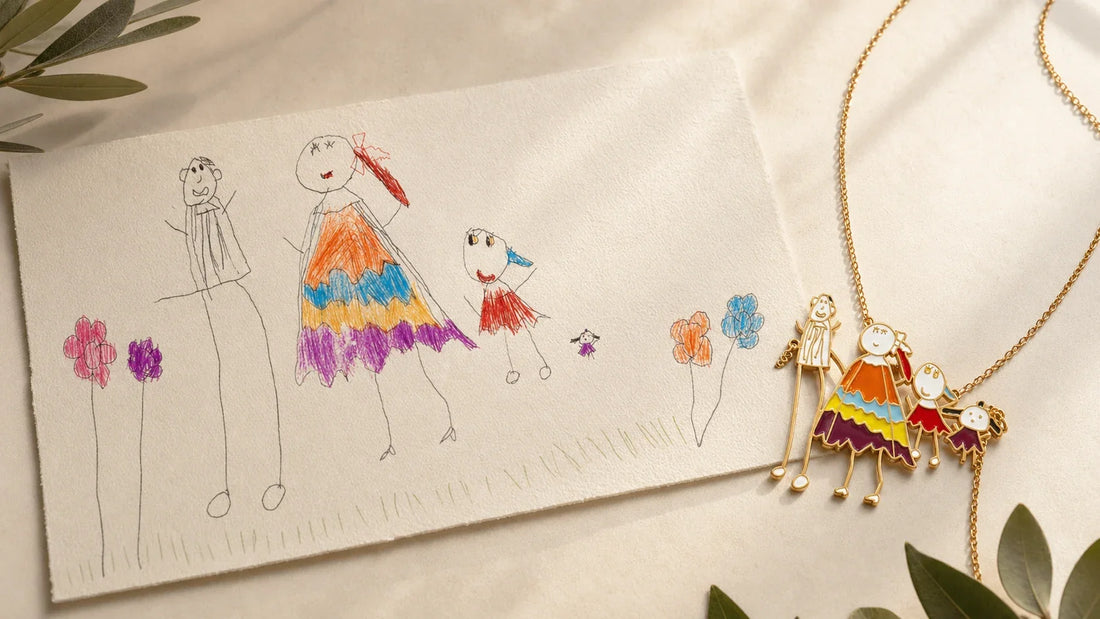 Child's family drawing beside the finished custom DRAWELLE keepsake necklace