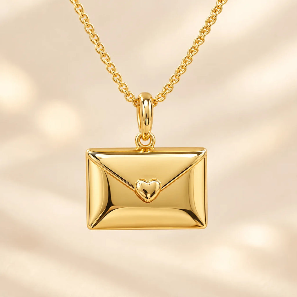 Personalized envelope necklace with custom engraved message, front product view