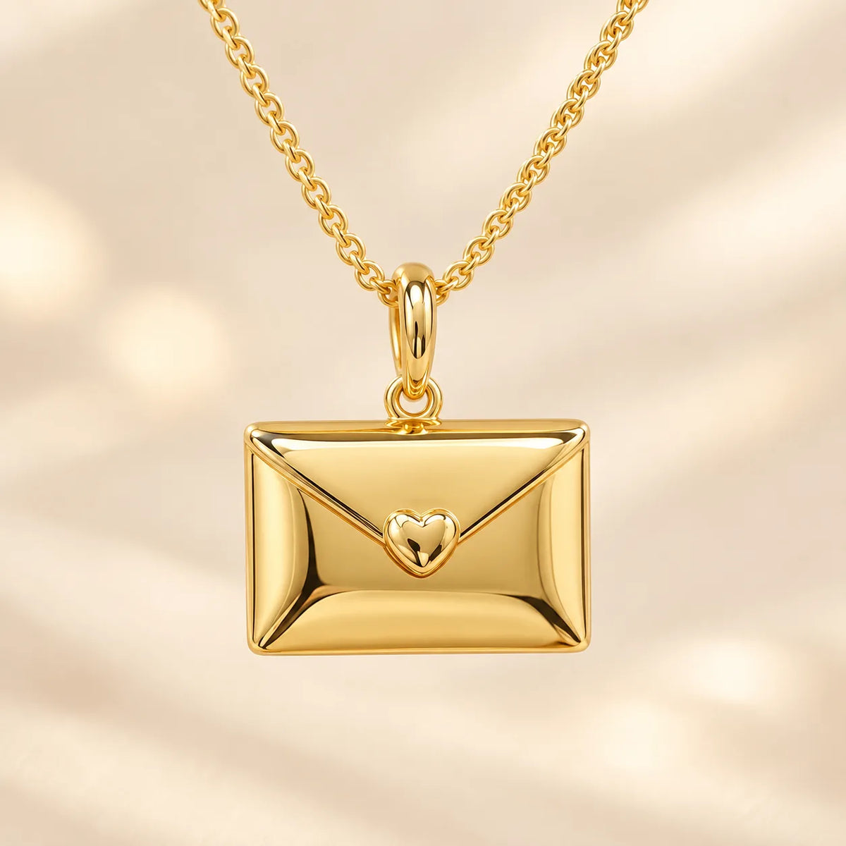Personalized envelope necklace with custom engraved message, front product view