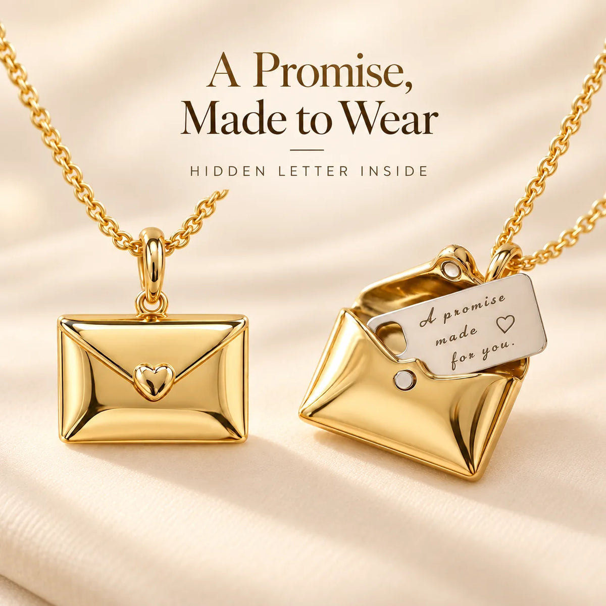 Personalized envelope necklace showing the custom engraved message feature