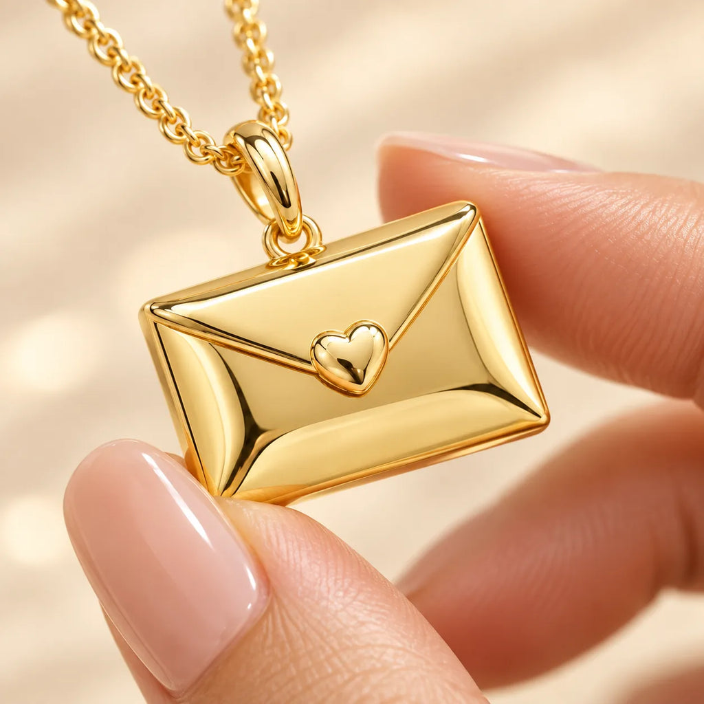 Close-up of a gold personalized envelope necklace with a heart-shaped clasp, held between fingers