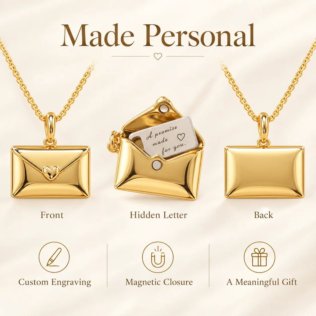 Personalized envelope necklace showing how the hidden engraved message works