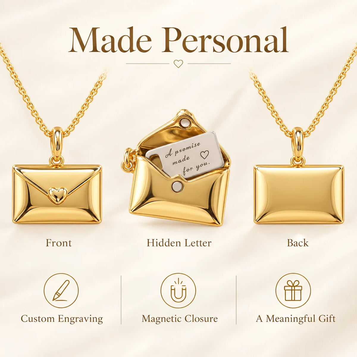 Personalized envelope necklace showing how the hidden engraved message works