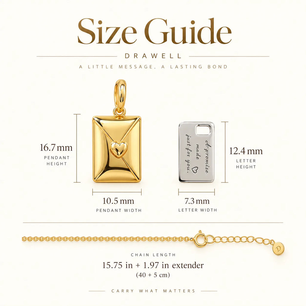 Personalized envelope necklace size guide with pendant dimensions