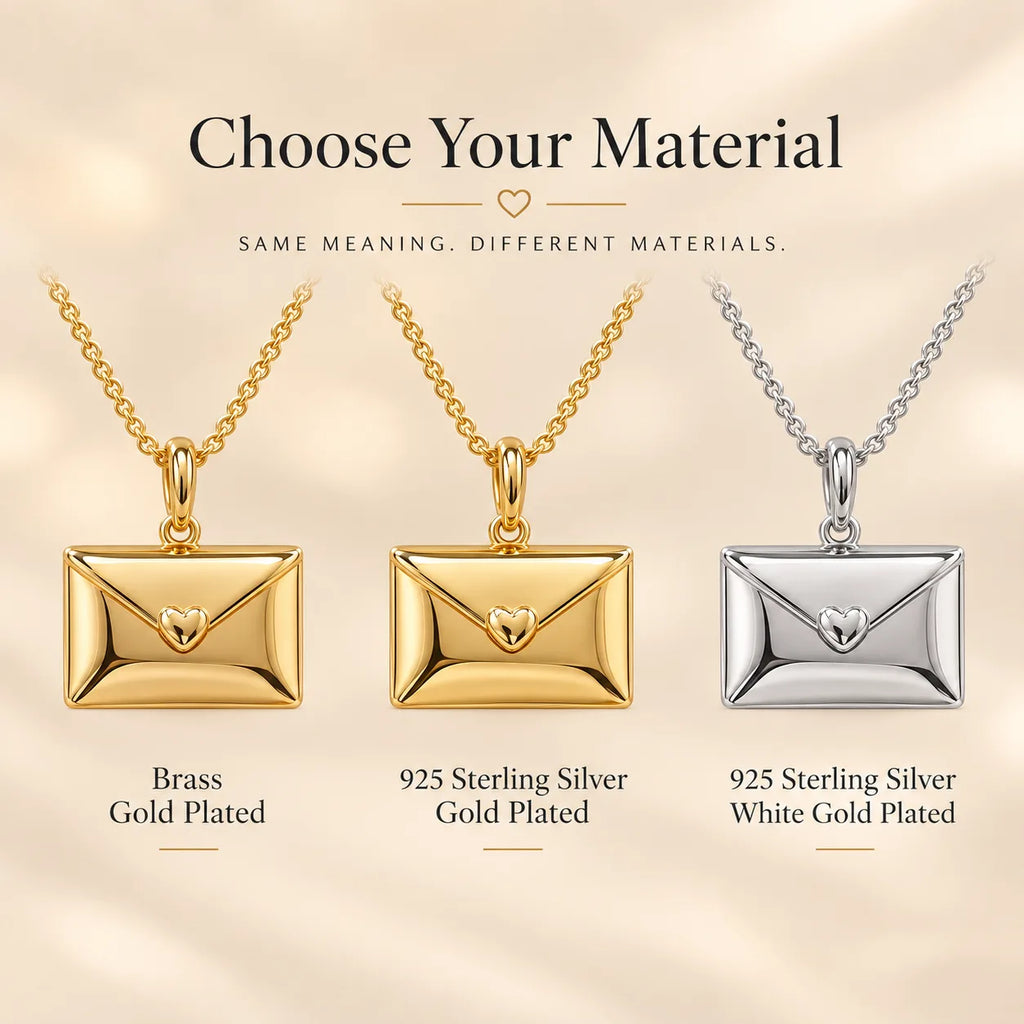 Personalized envelope necklace showing available material and finish options