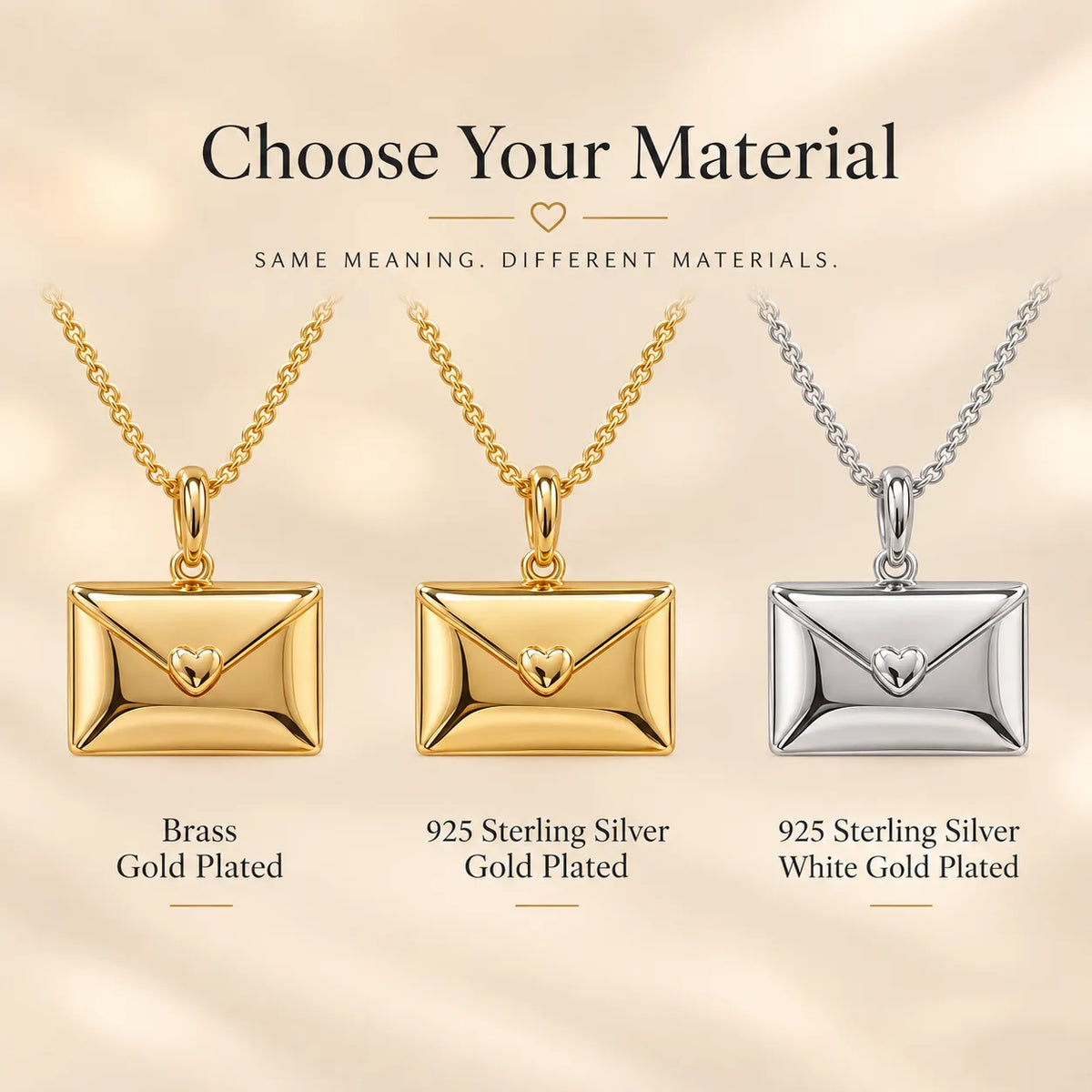 Personalized envelope necklace showing available material and finish options