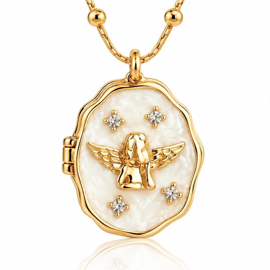 Angel gold photo locket necklace detail