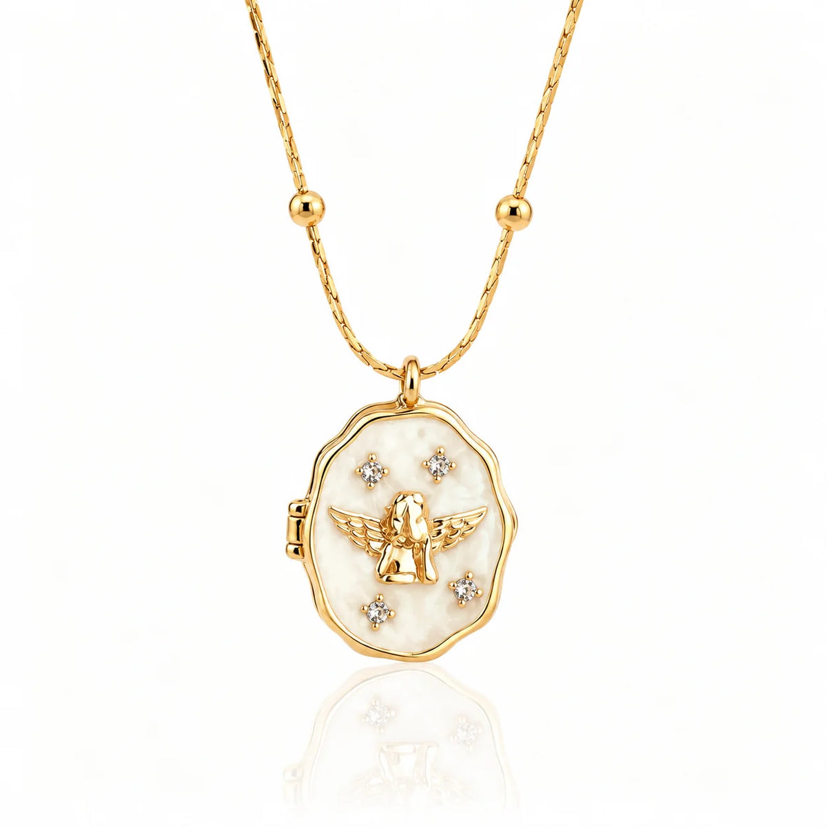 Personalized gold photo locket necklace with angel design, front view