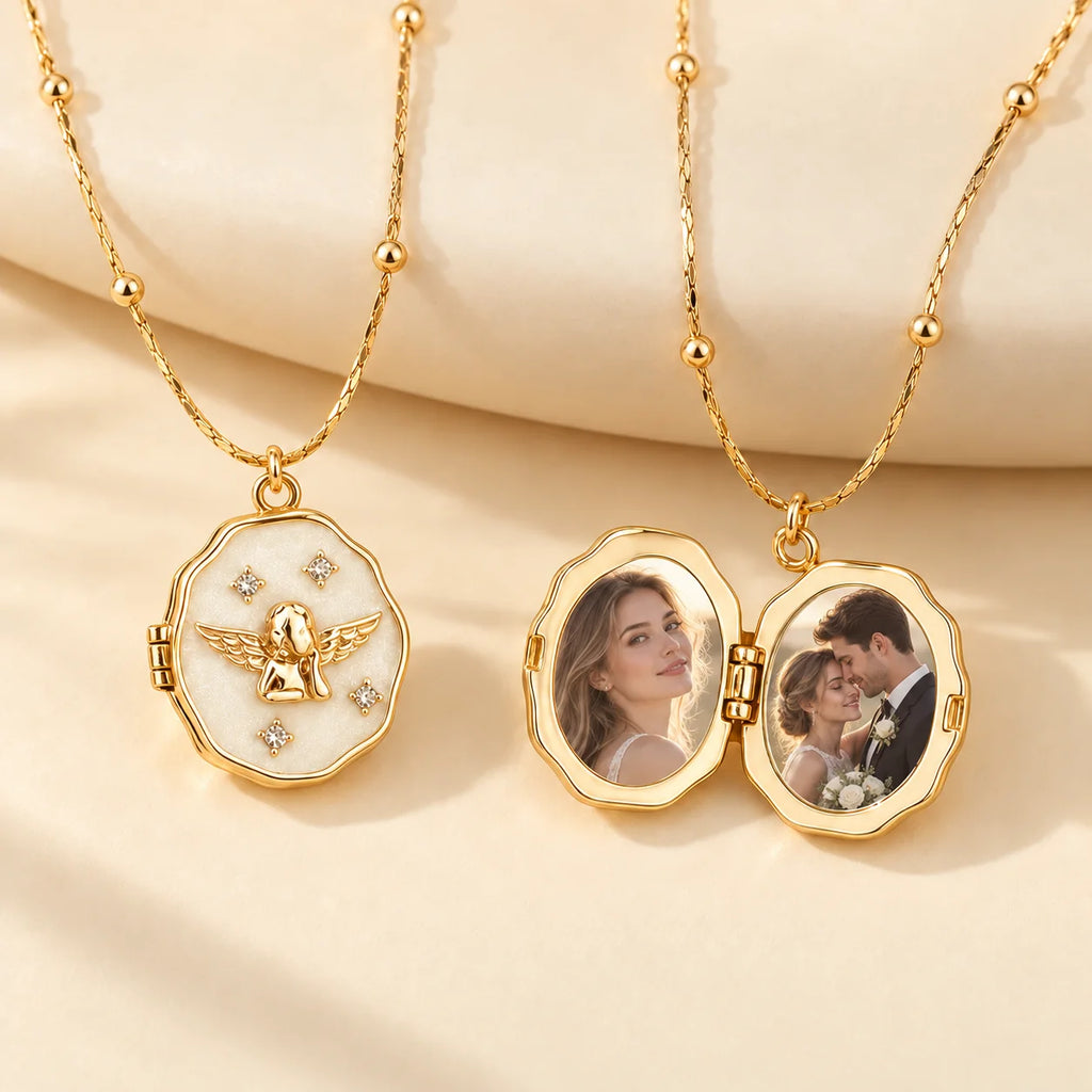 Open gold photo locket necklace with personalized pictures inside