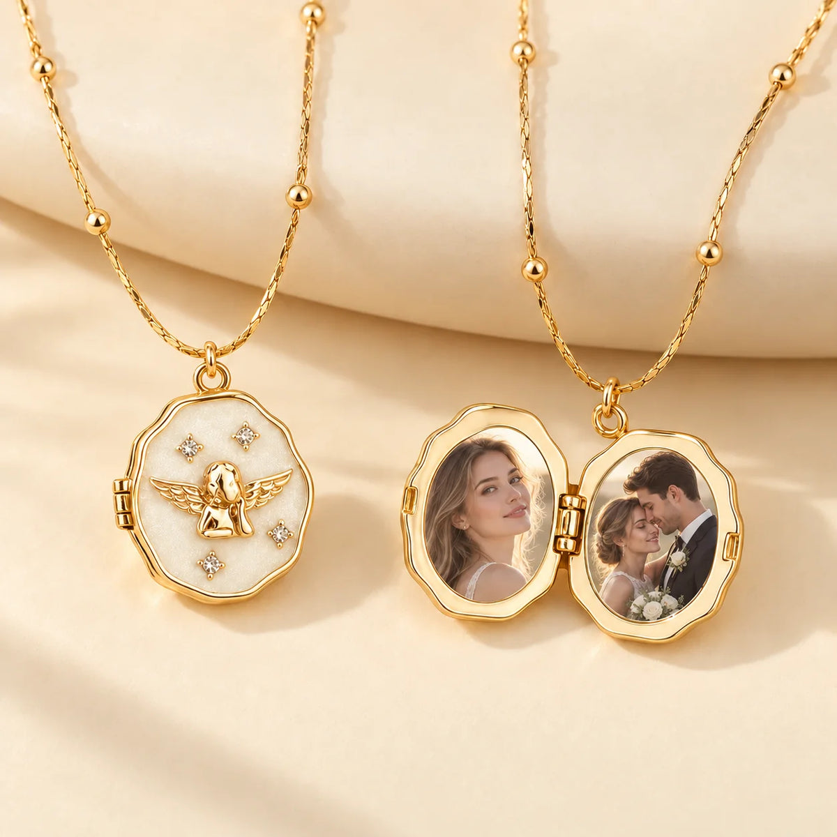 Open gold photo locket necklace with personalized pictures inside