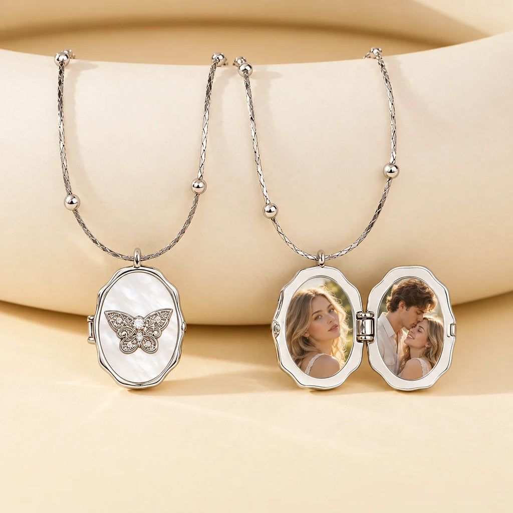 Silver butterfly photo locket necklace shown closed and open with personalized pictures inside