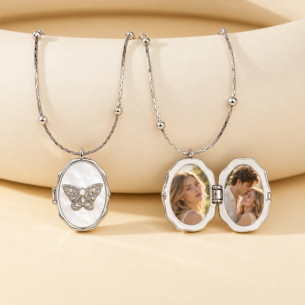 Silver butterfly photo locket necklace shown closed and open with personalized pictures inside