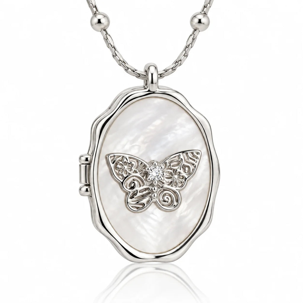 Silver butterfly photo locket necklace detailed butterfly pendant design