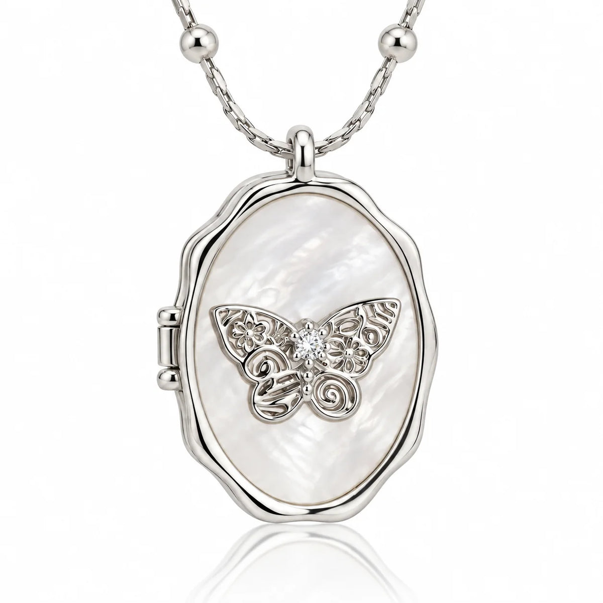 Silver butterfly photo locket necklace detailed butterfly pendant design