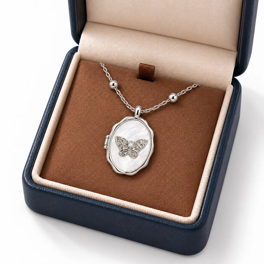 Silver butterfly photo locket necklace gift box for personalized keepsake jewelry