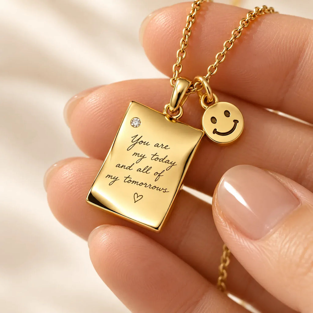 Custom handwriting necklace with engraved message and smile charm in gold
