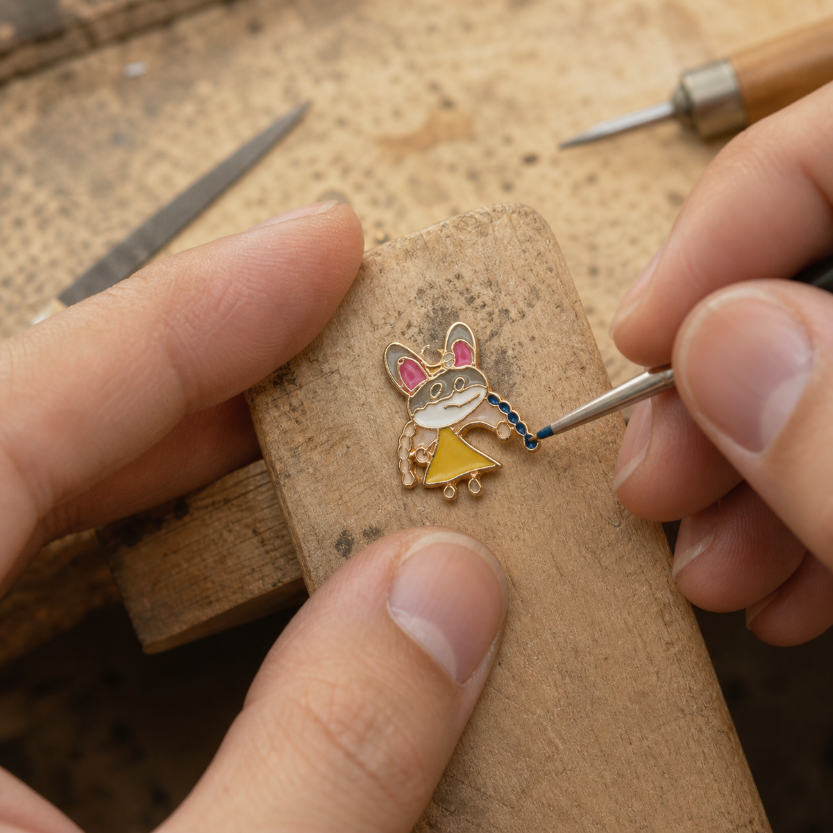 Artisan applying enamel to a custom pendant