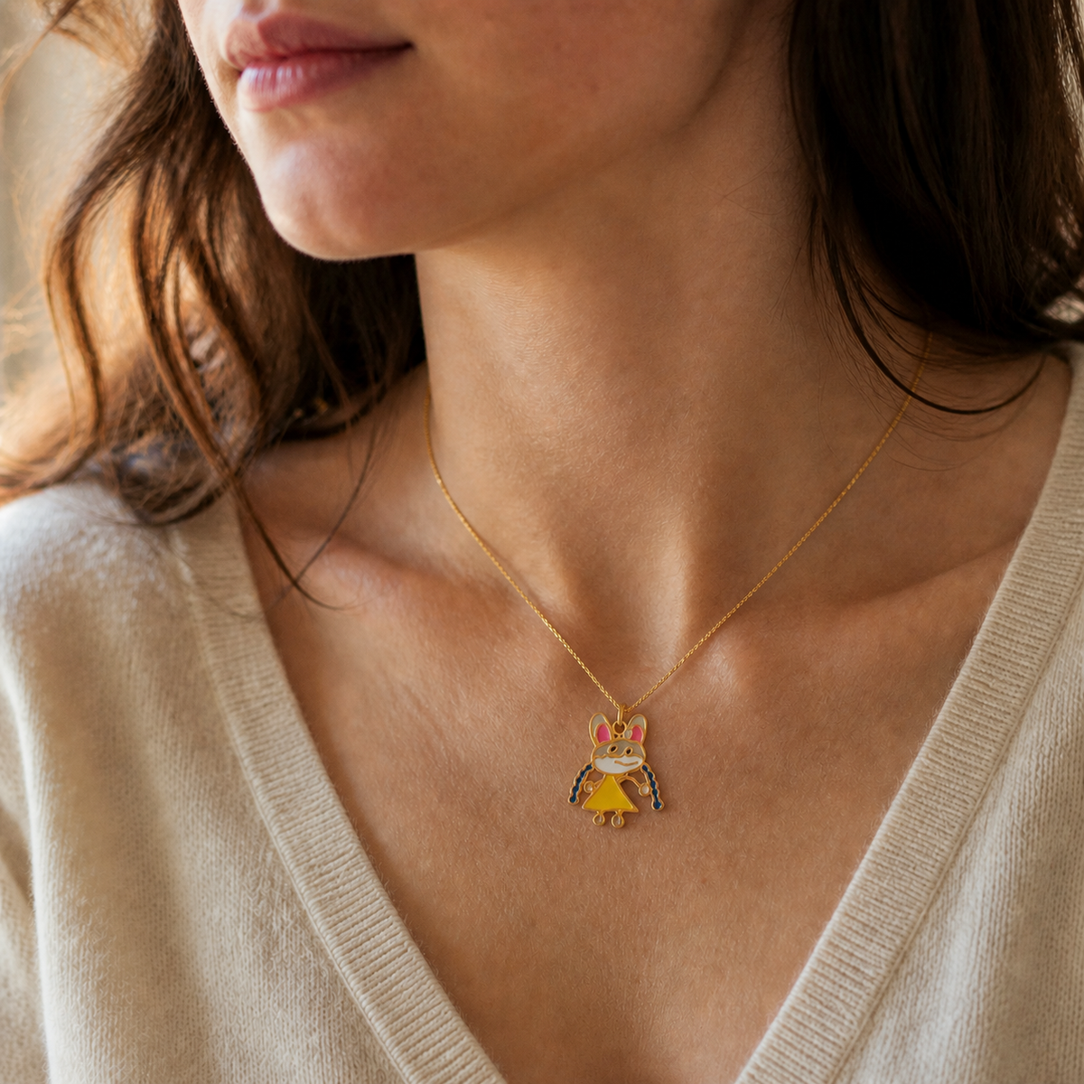 Woman wearing her custom keepsake necklace