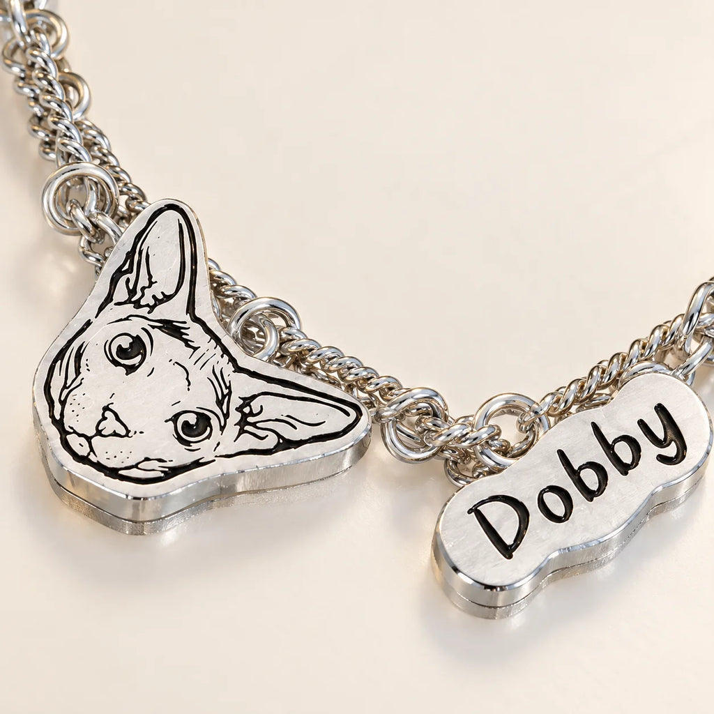 Personalized silver pet portrait name bracelet engraving and metal detail