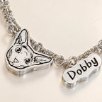 Personalized silver pet portrait name bracelet engraving and metal detail