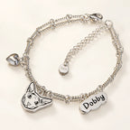 Custom silver cat portrait bracelet with personalized Dobby name plate