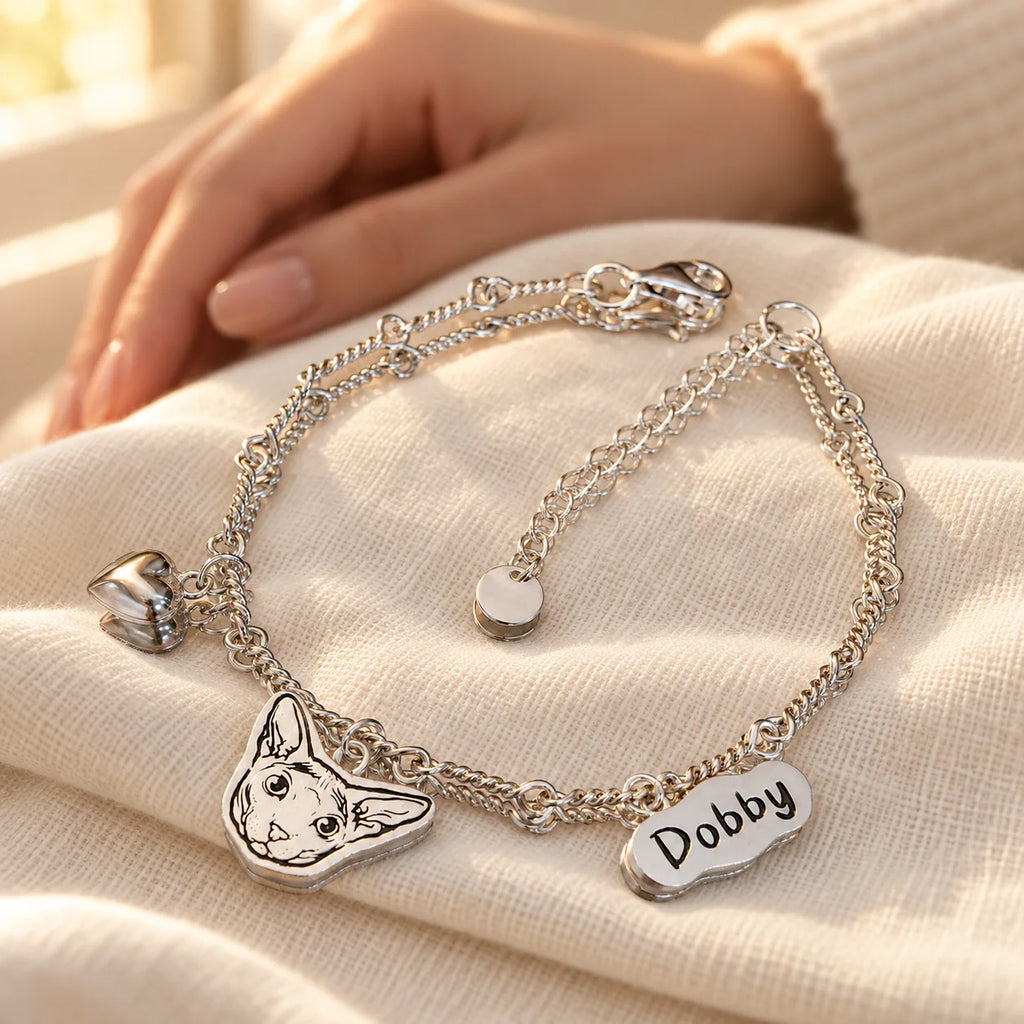 Personalized silver pet portrait name bracelet keepsake on ivory linen