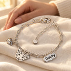 Personalized silver pet portrait name bracelet keepsake on ivory linen