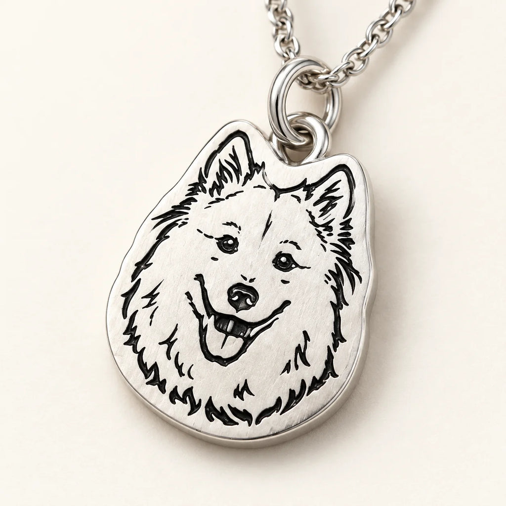 Personalized silver pet portrait necklace engraving and metal detail