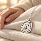 Personalized silver pet portrait necklace keepsake on ivory linen