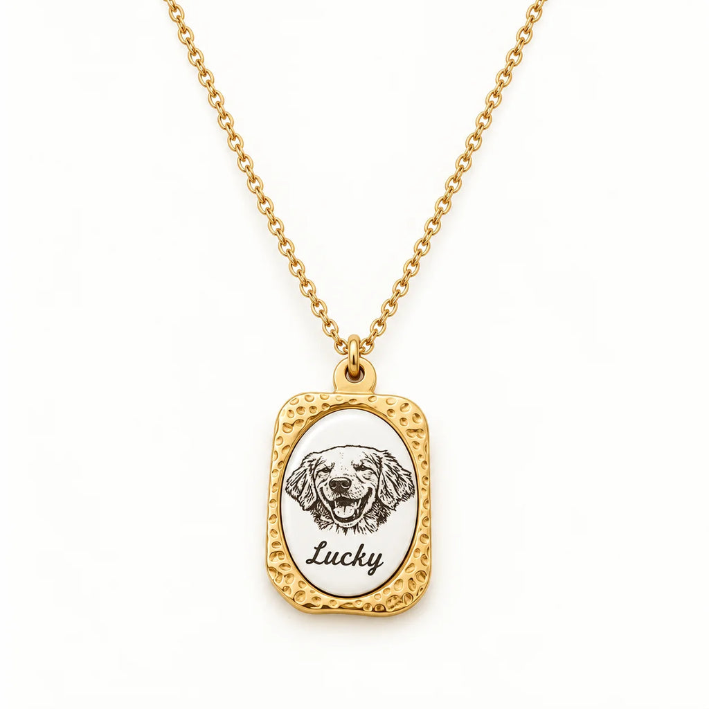 Gold-tone personalized pet portrait necklace with Lucky dog portrait and name