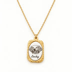 Gold-tone personalized pet portrait necklace with Lucky dog portrait and name