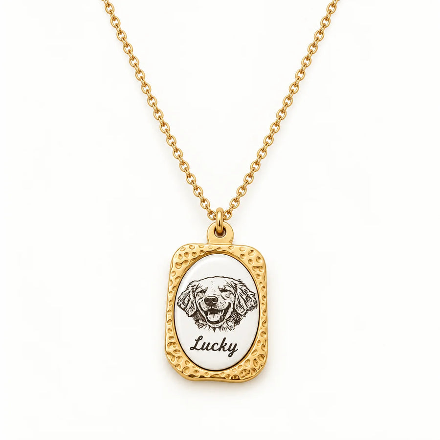 Gold-tone personalized pet portrait necklace with Lucky dog portrait and name