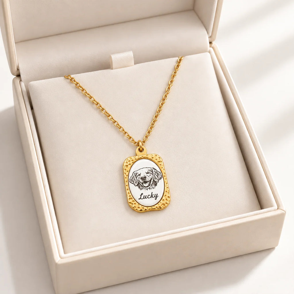 Gold-tone custom pet portrait necklace, gift box view with dog portrait and Lucky name