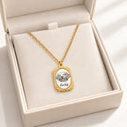 Gold-tone custom pet portrait necklace, gift box view with dog portrait and Lucky name