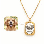 Gold-tone custom pet portrait necklace, photo to portrait view with dog portrait and Lucky name