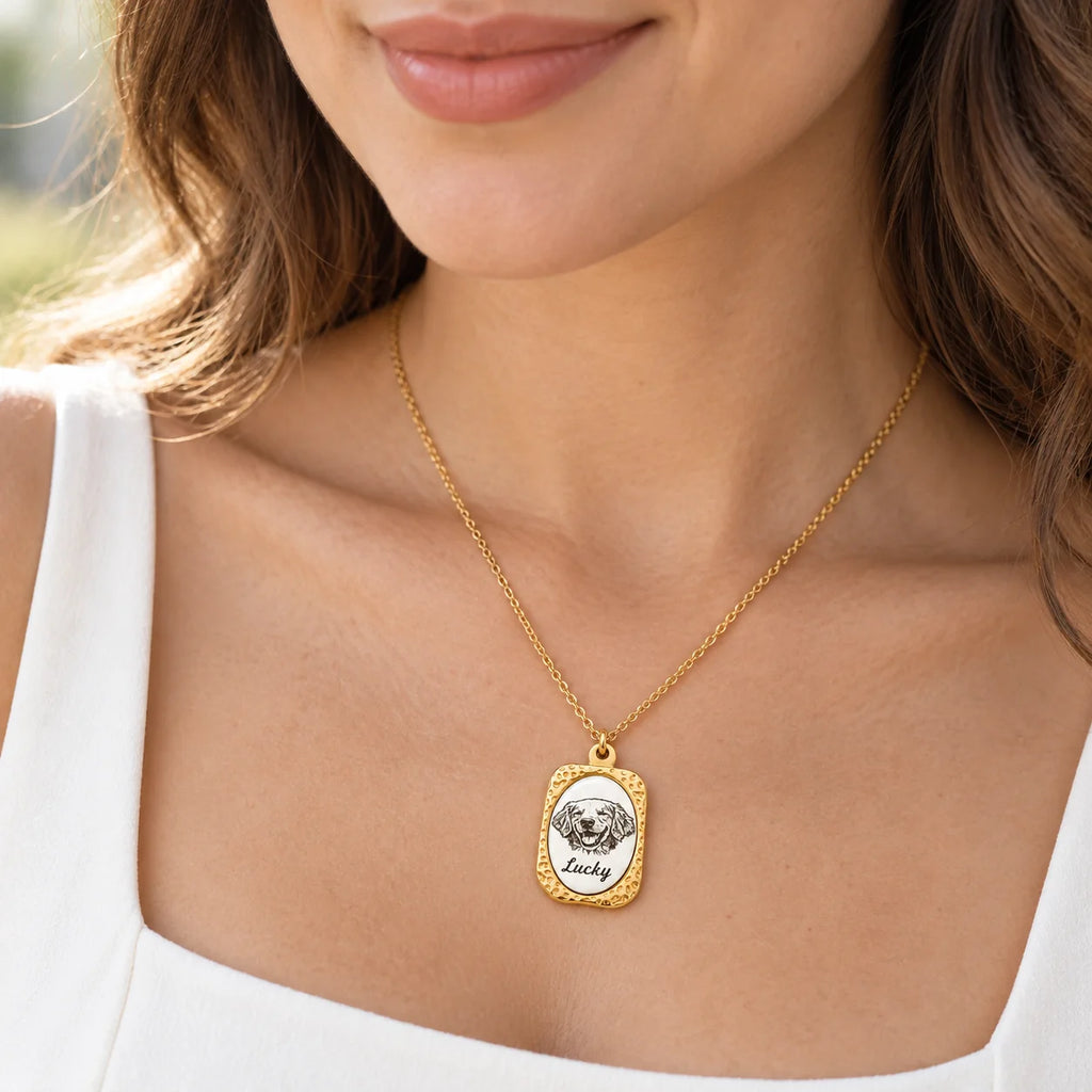 Gold-tone custom pet portrait necklace, wearing view with dog portrait and Lucky name