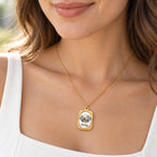 Gold-tone custom pet portrait necklace, wearing view with dog portrait and Lucky name