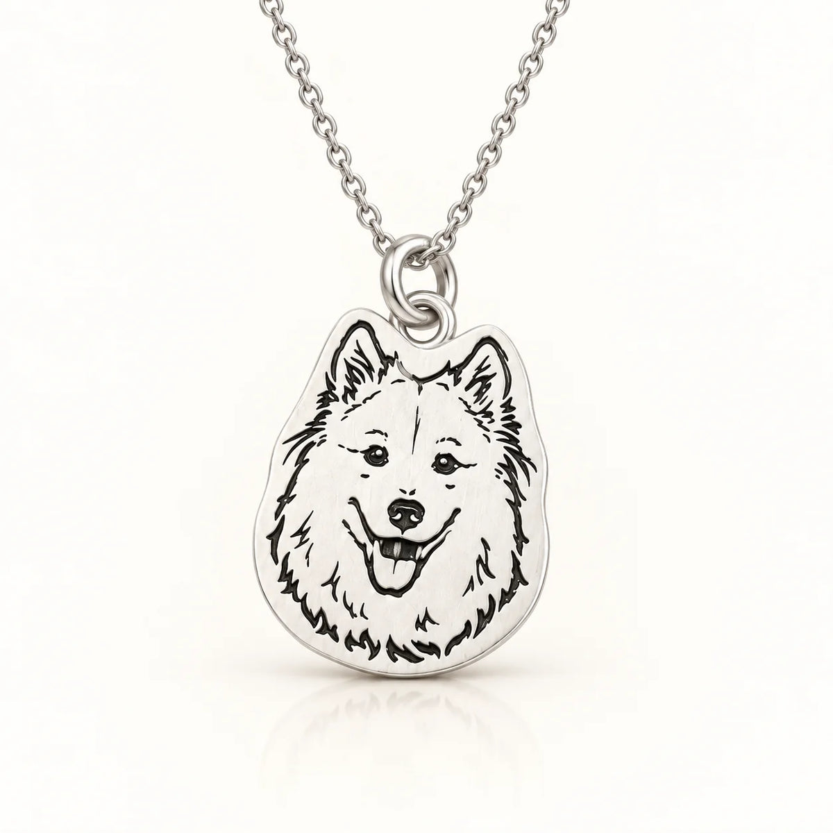 Custom silver pet portrait necklace with engraved dog silhouette