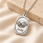 Silver-tone custom pet portrait necklace, detail view with dog portrait and Lucky name