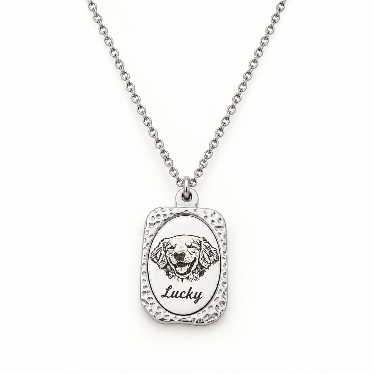 Silver-tone custom pet portrait necklace, front view with dog portrait and Lucky name