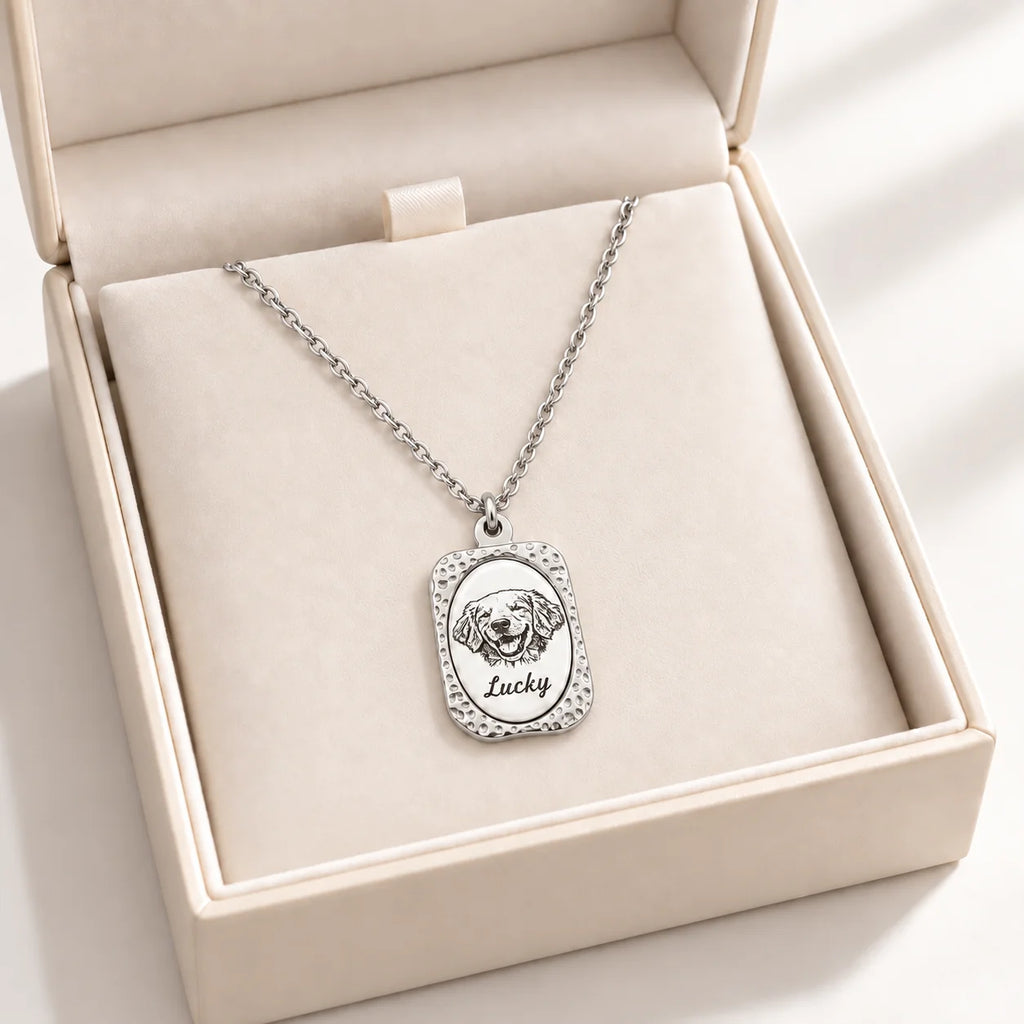 Silver-tone custom pet portrait necklace, gift box view with dog portrait and Lucky name
