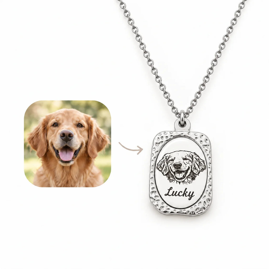 Silver-tone custom pet portrait necklace, photo to portrait view with dog portrait and Lucky name