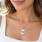 Silver-tone custom pet portrait necklace, wearing view with dog portrait and Lucky name