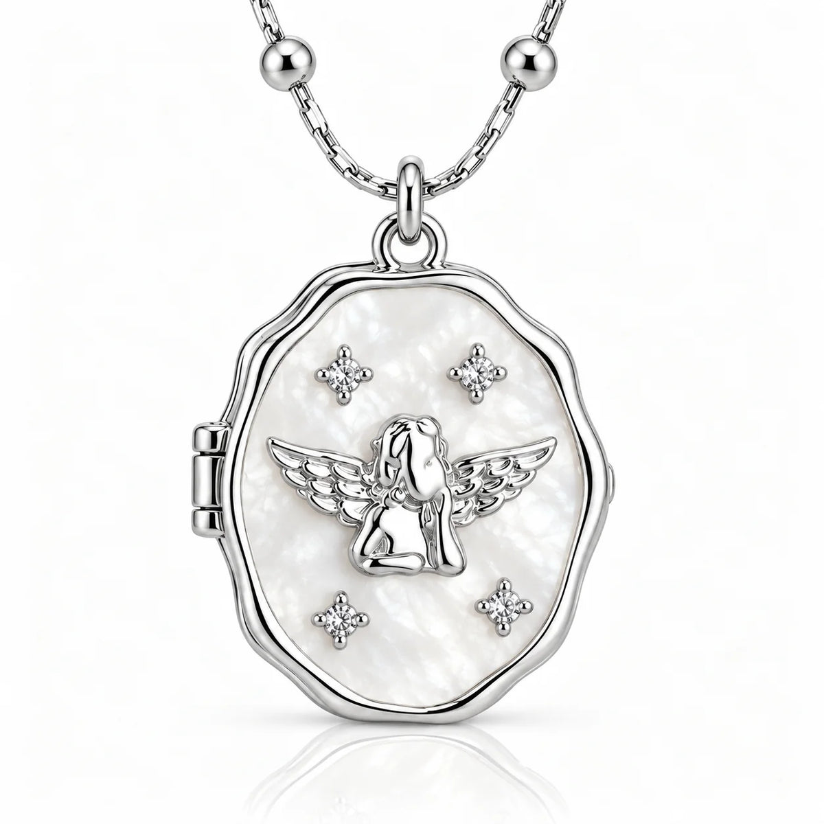 angel silver photo locket necklace, detail view