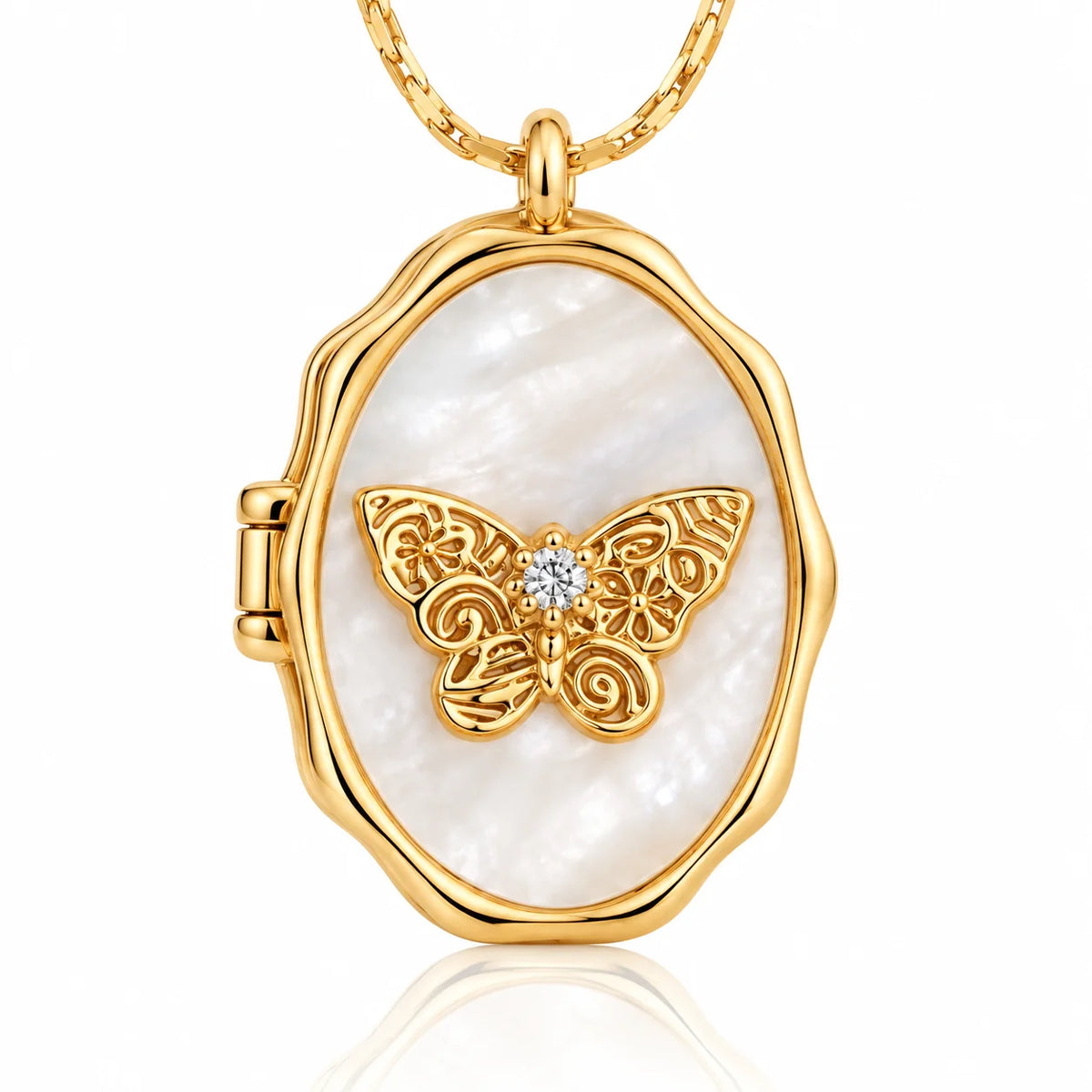 butterfly gold photo locket necklace, detail view