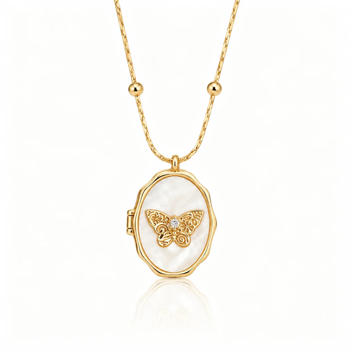 butterfly gold photo locket necklace, front view