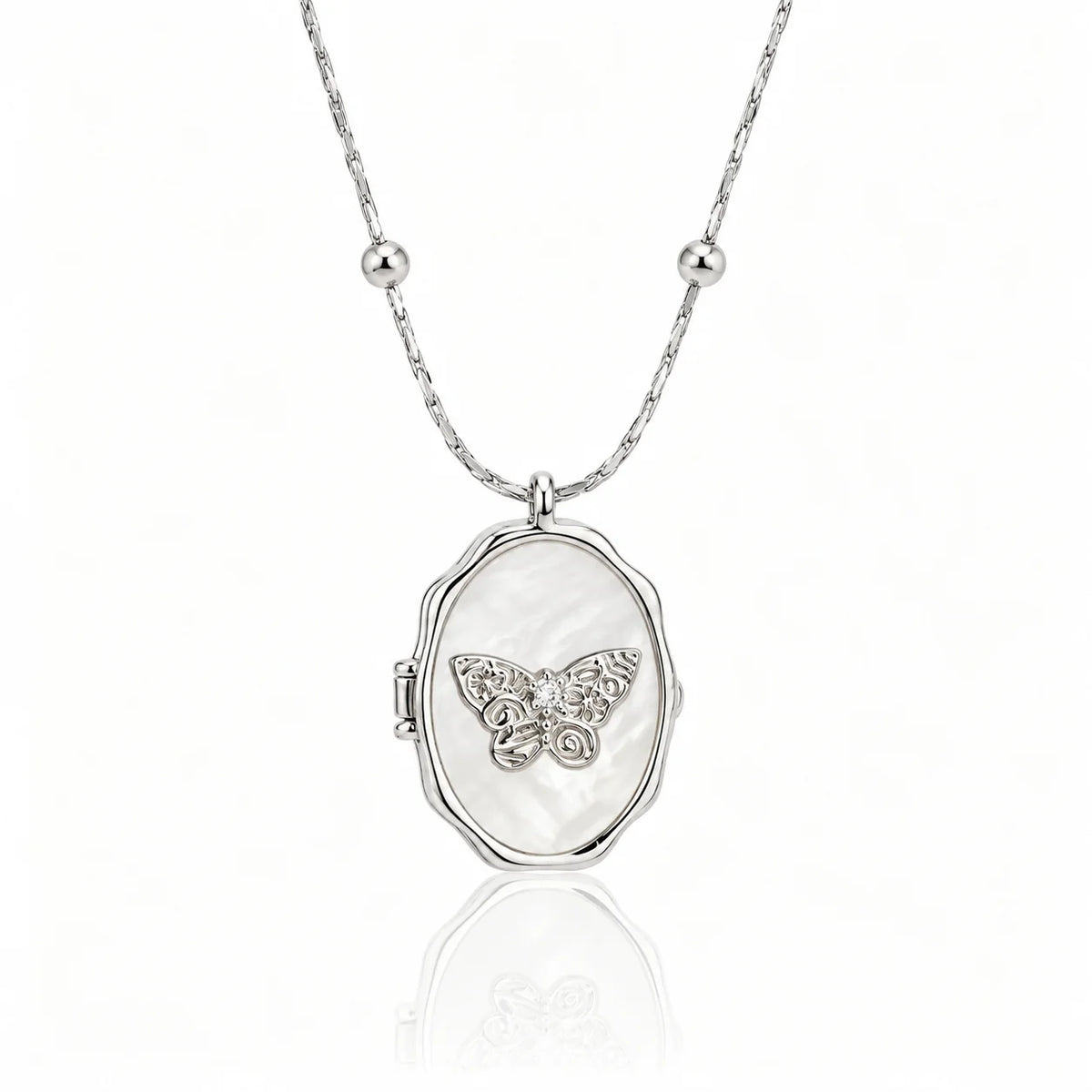 butterfly silver photo locket necklace, front view