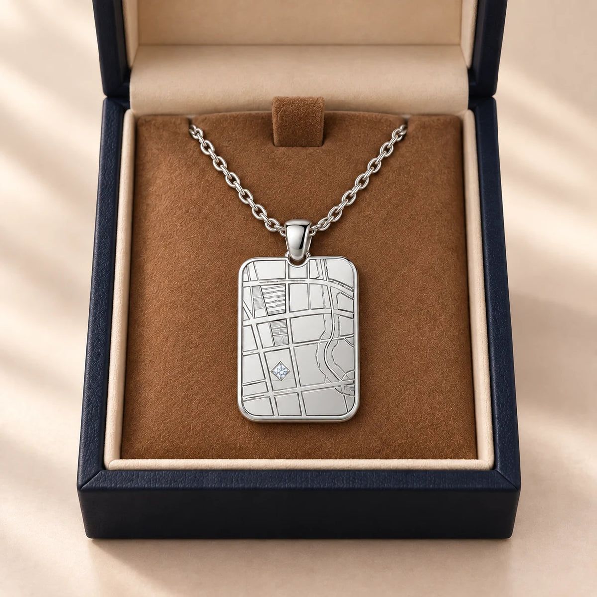 DRAWELL personalized rectangle map necklace - silver gift box