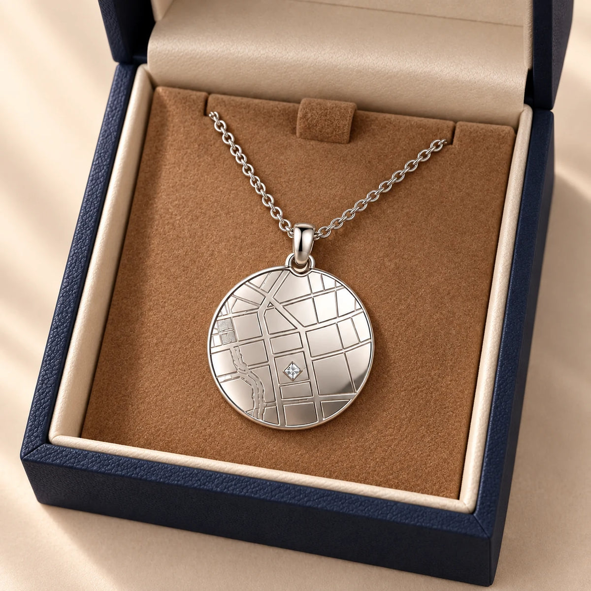 DRAWELL personalized round map necklace - silver gift box