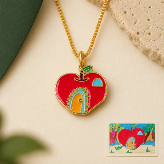 Custom artwork necklace in gold-tone titanium steel with colorful enamel